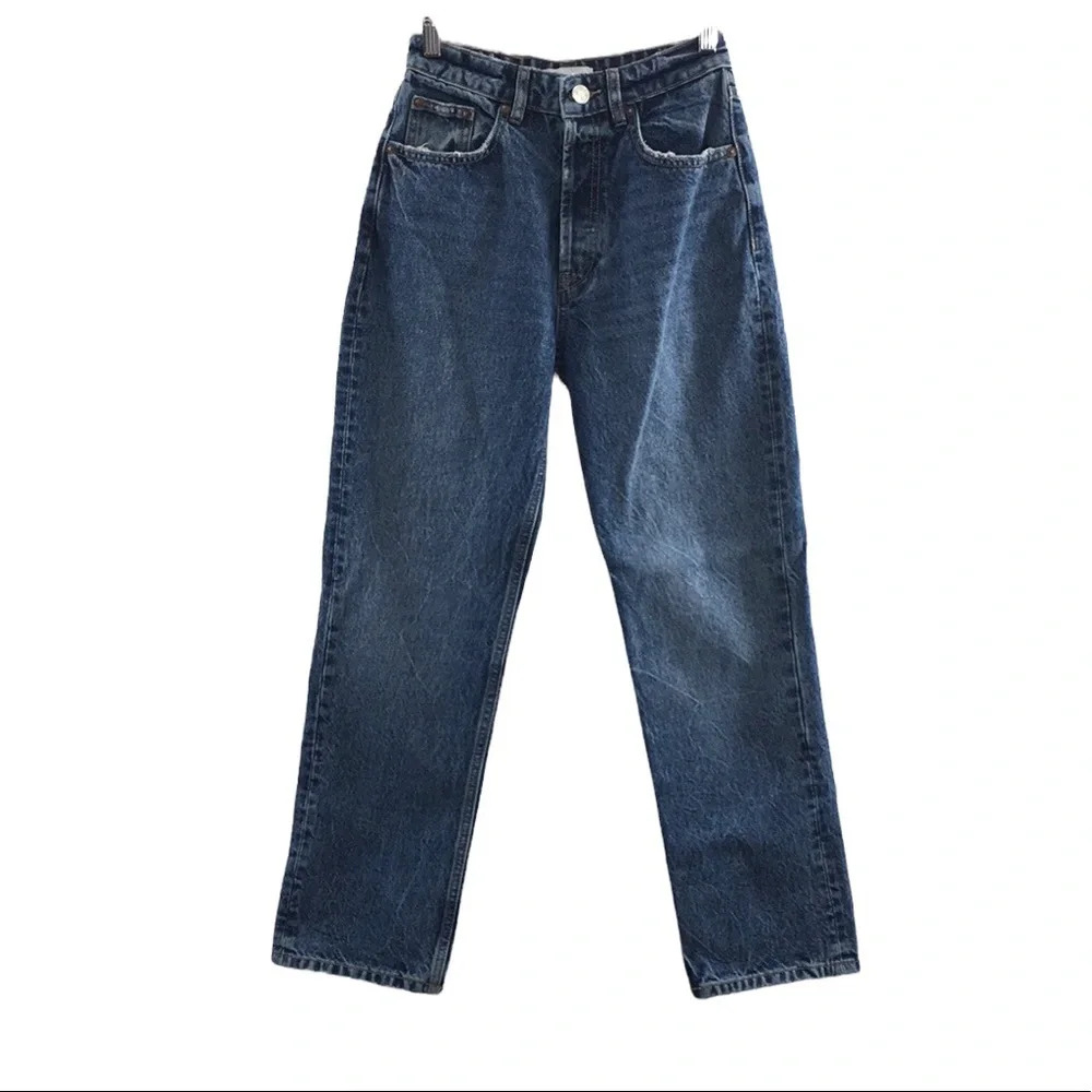 Zara Straight Leg Jeans Womens 2 Medium Wash Denim‎ 100% Cotton Button Fly